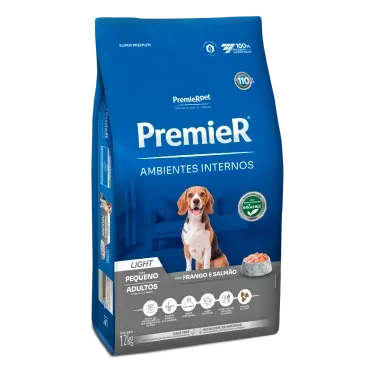 Racao Premier Ambientes Internos Light Caes Adultos Frango e Salmao 12kg lateral